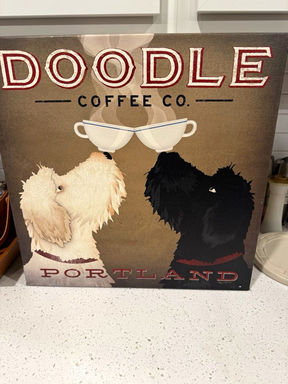 Doodle Dog Canvas Print Wall Art, Stretched Vertical Animal Coffee Theme